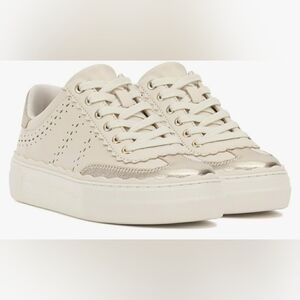 Sporty Glam 9.5 Preppy Skater Bling Coastal White Gold Leather Sneakers New